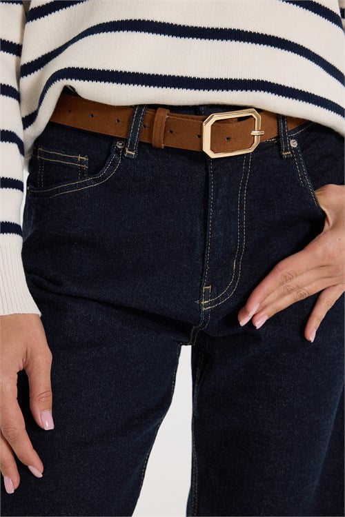 Kadın Relax Fit Rahat Kesim Yüksek Bel Likralı Kemer Detaylı Lacivert Pantolon