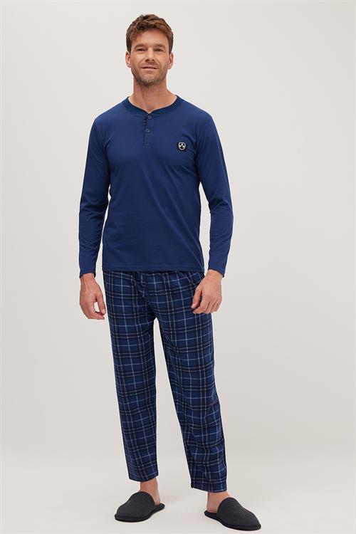 Erkek Regular Fit Pamuklu Düğmeli Yaka Beli Lastikli Desenli İndigo Pijama Takımı