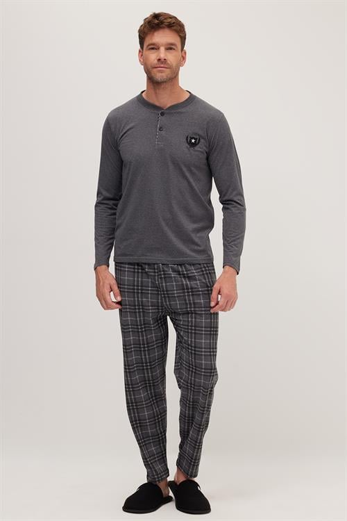 Erkek Regular Fit Pamuklu Düğmeli Yaka Beli Lastikli Desenli Gri Pijama Takımı