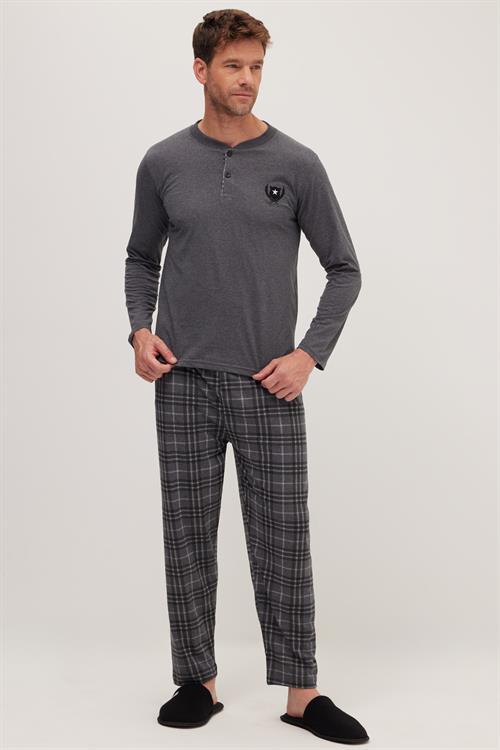 Erkek Regular Fit Pamuklu Düğmeli Yaka Beli Lastikli Desenli Gri Pijama Takımı