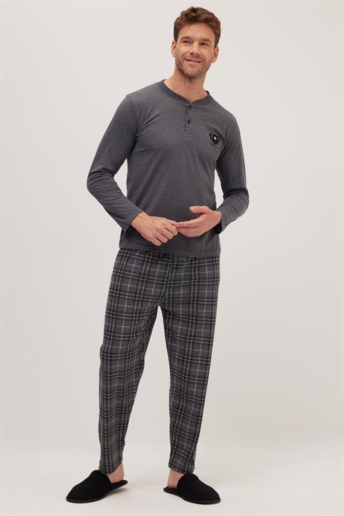 Erkek Regular Fit Pamuklu Düğmeli Yaka Beli Lastikli Desenli Gri Pijama Takımı