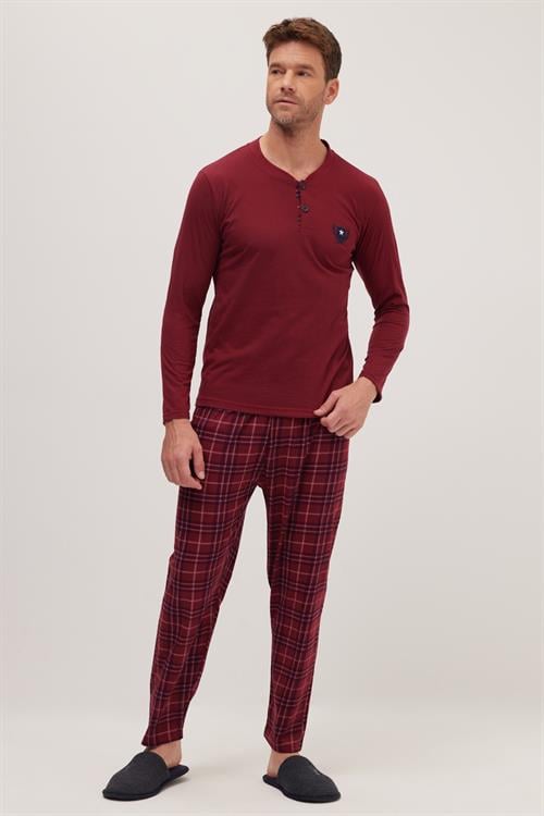 Erkek Regular Fit Pamuklu Düğmeli Yaka Beli Lastikli Desenli Bordo Pijama Takımı
