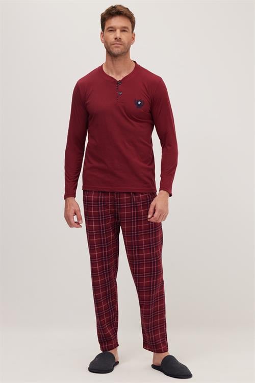 Erkek Regular Fit Pamuklu Düğmeli Yaka Beli Lastikli Desenli Bordo Pijama Takımı