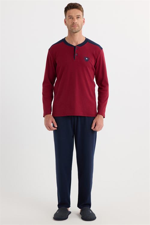Erkek Regular Fit Pamuklu Düğmeli Yaka Beli Lastikli Desenli Bordo Pijama Takımı