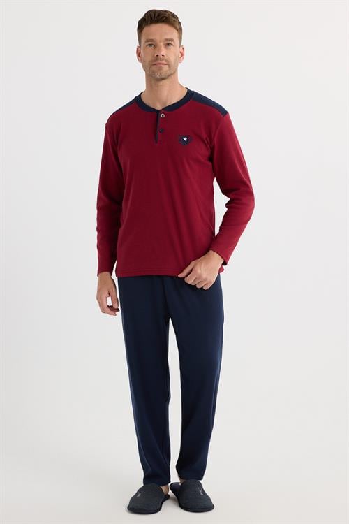 Erkek Regular Fit Pamuklu Düğmeli Yaka Beli Lastikli Desenli Bordo Pijama Takımı