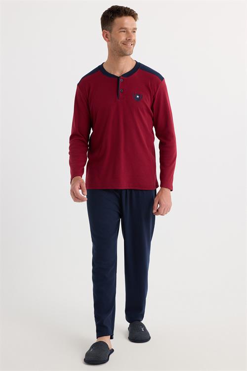 Erkek Regular Fit Pamuklu Düğmeli Yaka Beli Lastikli Desenli Bordo Pijama Takımı