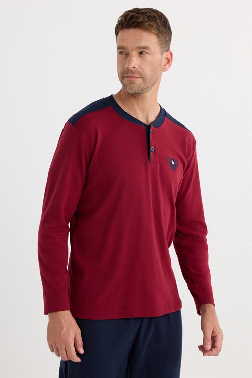 Erkek Regular Fit Pamuklu Düğmeli Yaka Beli Lastikli Desenli Bordo Pijama Takımı