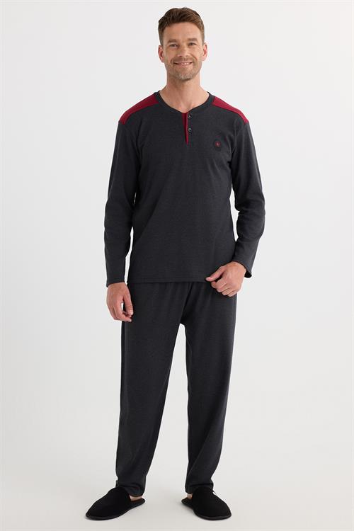 Erkek Regular Fit Pamuklu Düğmeli Yaka Beli Lastikli Desenli Antrasit Pijama Takımı