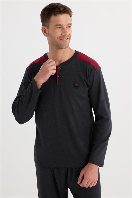 Erkek Regular Fit Pamuklu Düğmeli Yaka Beli Lastikli Desenli Antrasit Pijama Takımı