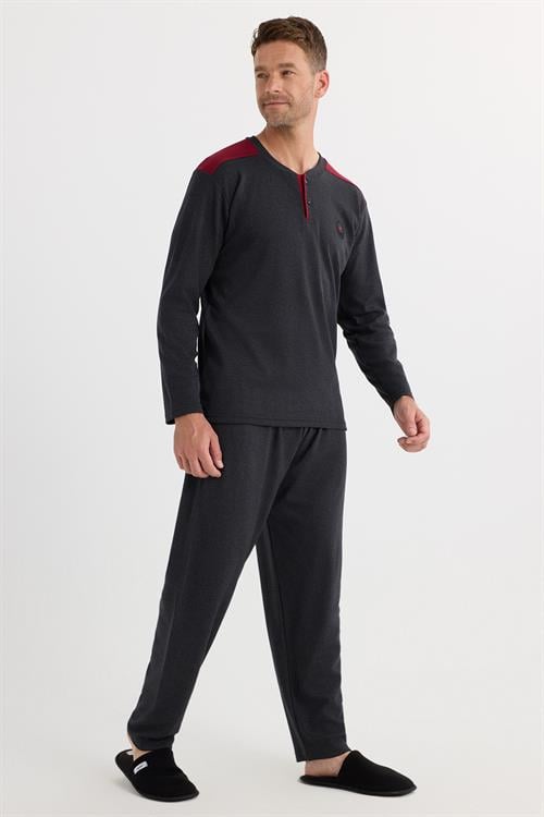 Erkek Regular Fit Pamuklu Düğmeli Yaka Beli Lastikli Desenli Antrasit Pijama Takımı