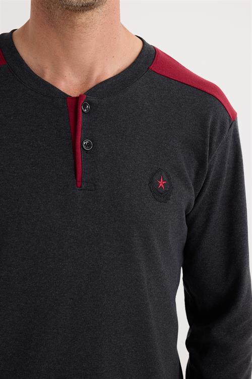 Erkek Regular Fit Pamuklu Düğmeli Yaka Beli Lastikli Desenli Antrasit Pijama Takımı