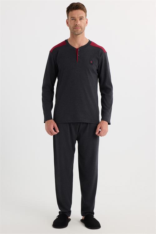 Erkek Regular Fit Pamuklu Düğmeli Yaka Beli Lastikli Desenli Antrasit Pijama Takımı