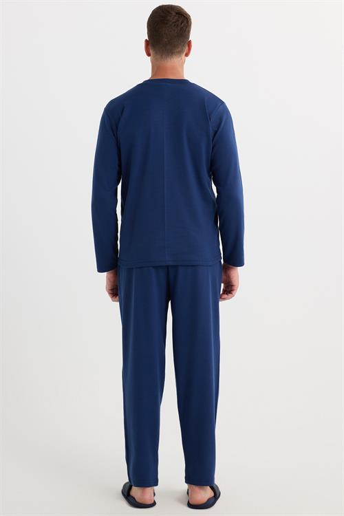 Erkek Regular Fit Pamuklu Düğmeli Yaka Beli Lastikli Desenli İndigo Pijama Takımı