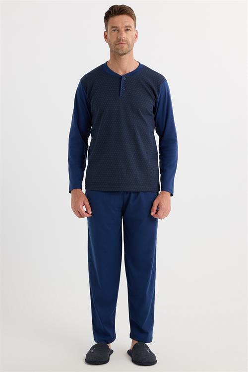 Erkek Regular Fit Pamuklu Düğmeli Yaka Beli Lastikli Desenli İndigo Pijama Takımı