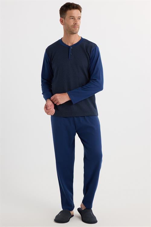Erkek Regular Fit Pamuklu Düğmeli Yaka Beli Lastikli Desenli İndigo Pijama Takımı