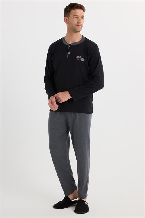 Erkek Regular Fit Pamuklu Düğmeli Yaka Beli Lastikli Desenli Gri Pijama Takımı
