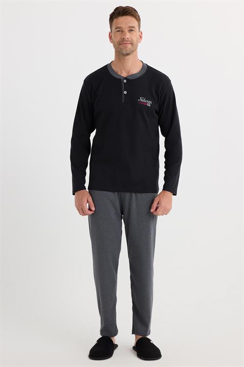 Erkek Regular Fit Pamuklu Düğmeli Yaka Beli Lastikli Desenli Gri Pijama Takımı