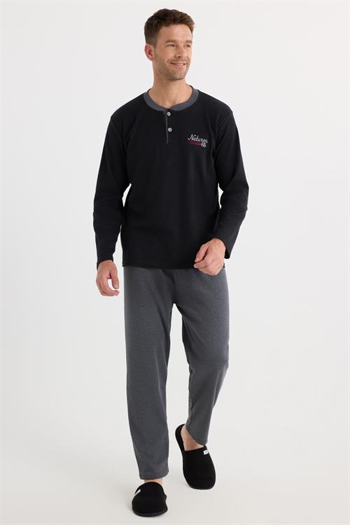 Erkek Regular Fit Pamuklu Düğmeli Yaka Beli Lastikli Desenli Gri Pijama Takımı