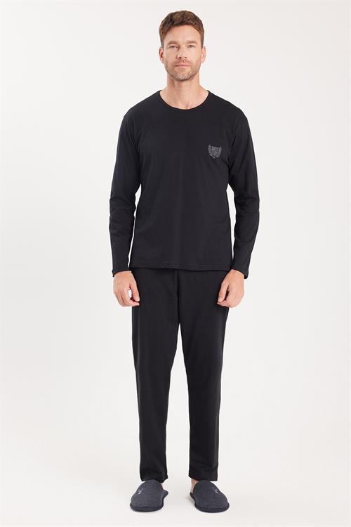 Erkek Standart Fit %100 Pamuk Bisiklet Yaka Beli Lastikli Siyah Pijama Takımı