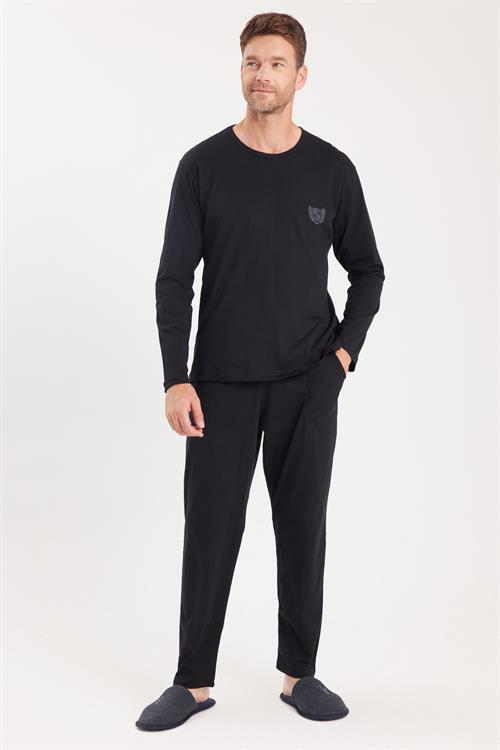Erkek Standart Fit %100 Pamuk Bisiklet Yaka Beli Lastikli Siyah Pijama Takımı