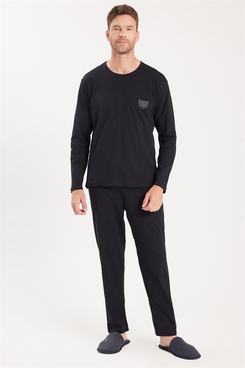 Erkek Standart Fit %100 Pamuk Bisiklet Yaka Beli Lastikli Siyah Pijama Takımı