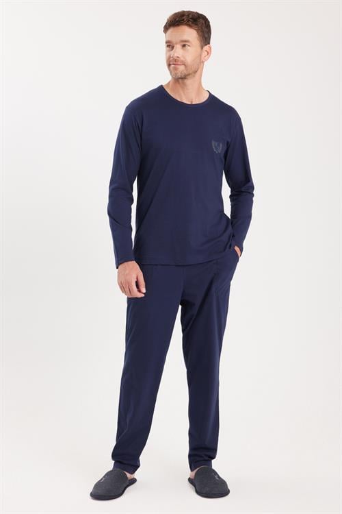 Erkek Standart Fit %100 Pamuk Bisiklet Yaka Beli Lastikli Lacivert Pijama Takımı