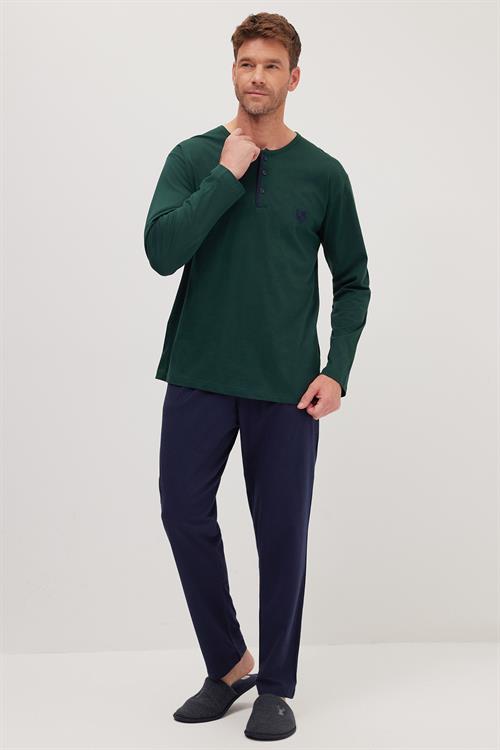 Erkek Standart Fit Normal Kesim %100 Pamuk Bisiklet Yaka Beli Lastikli Lacivert Pijama Takımı