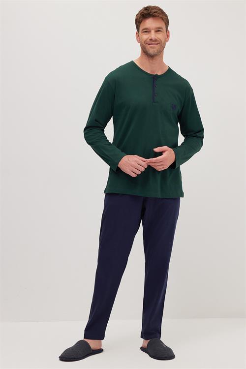 Erkek Standart Fit Normal Kesim %100 Pamuk Bisiklet Yaka Beli Lastikli Lacivert Pijama Takımı