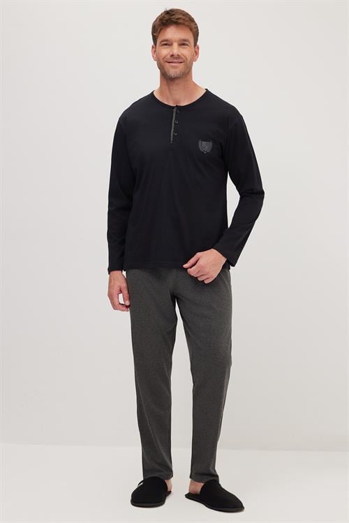 Erkek Standart Fit Normal Kesim %100 Pamuk Bisiklet Yaka Beli Lastikli Antrasit Pijama Takımı