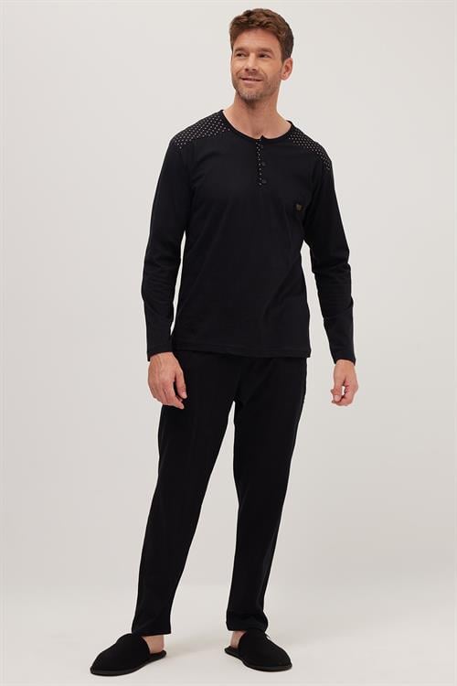 Erkek Standart Fit Normal Kesim %100 Pamuk Bisiklet Yaka Beli Lastikli Siyah Pijama Takımı