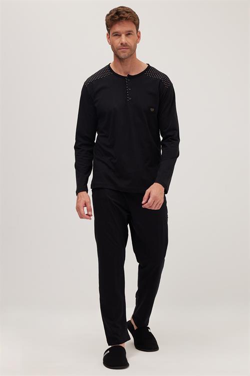 Erkek Standart Fit Normal Kesim %100 Pamuk Bisiklet Yaka Beli Lastikli Siyah Pijama Takımı