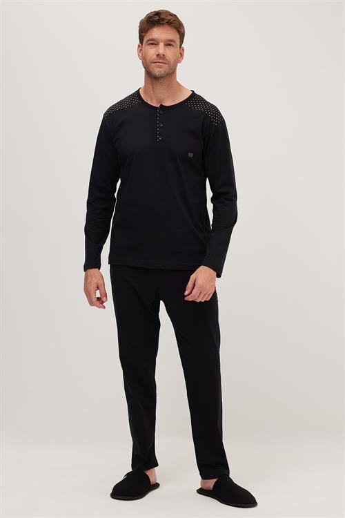 Erkek Standart Fit Normal Kesim %100 Pamuk Bisiklet Yaka Beli Lastikli Siyah Pijama Takımı