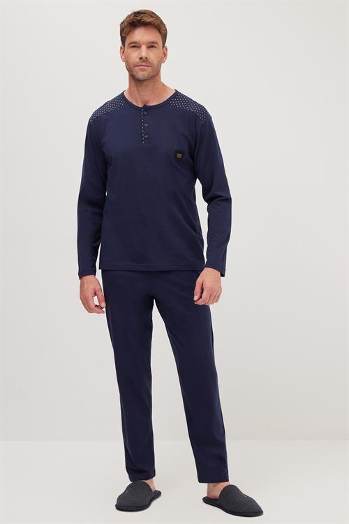 Erkek Standart Fit Normal Kesim %100 Pamuk Bisiklet Yaka Beli Lastikli Lacivert Pijama Takımı