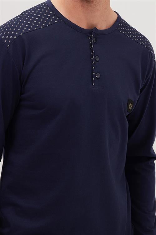 Erkek Standart Fit Normal Kesim %100 Pamuk Bisiklet Yaka Beli Lastikli Lacivert Pijama Takımı