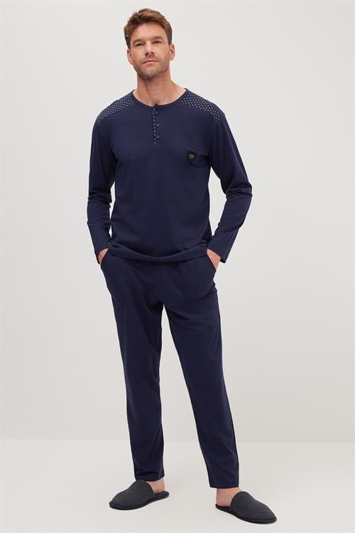Erkek Standart Fit Normal Kesim %100 Pamuk Bisiklet Yaka Beli Lastikli Lacivert Pijama Takımı