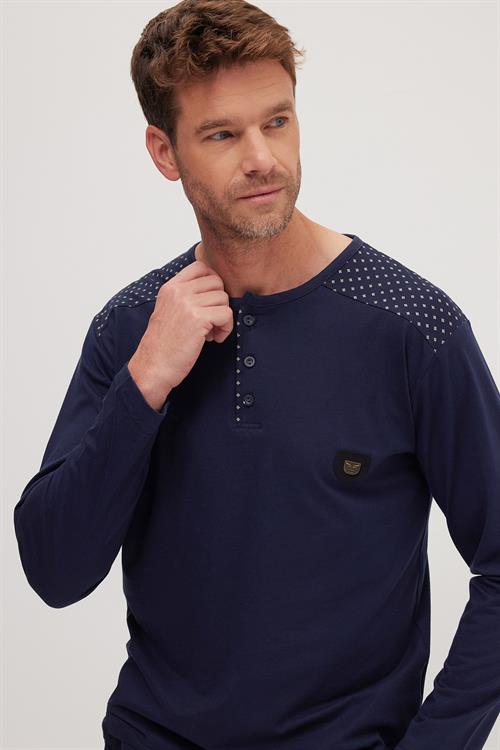 Erkek Standart Fit Normal Kesim %100 Pamuk Bisiklet Yaka Beli Lastikli Lacivert Pijama Takımı