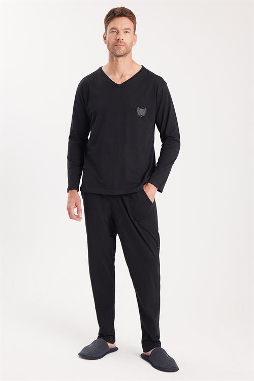 Erkek Standart Fit %100 Pamuk V Yaka Beli Lastikli Siyah Pijama Takımı