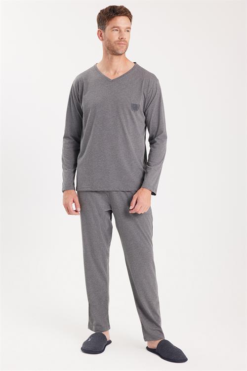 Erkek Standart Fit %100 Pamuk V Yaka Beli Lastikli Gri Pijama Takımı