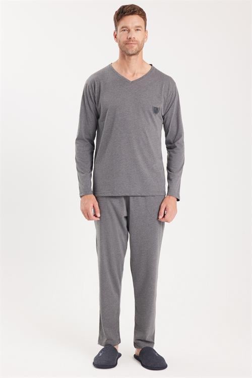 Erkek Standart Fit %100 Pamuk V Yaka Beli Lastikli Gri Pijama Takımı
