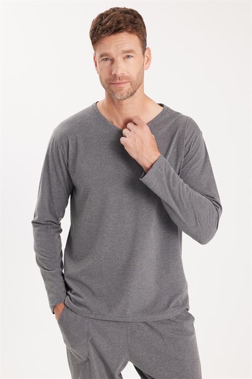 Erkek Standart Fit %100 Pamuk V Yaka Beli Lastikli Gri Pijama Takımı