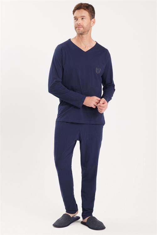 Erkek Standart Fit %100 Pamuk V Yaka Beli Lastikli Lacivert Pijama Takımı