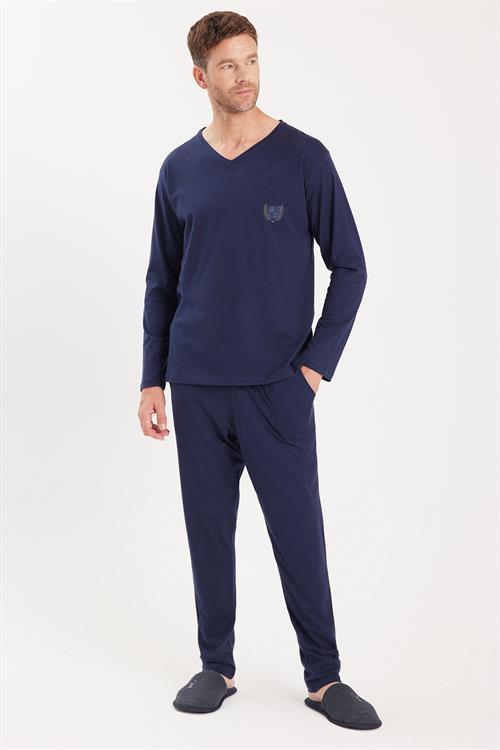 Erkek Standart Fit %100 Pamuk V Yaka Beli Lastikli Lacivert Pijama Takımı