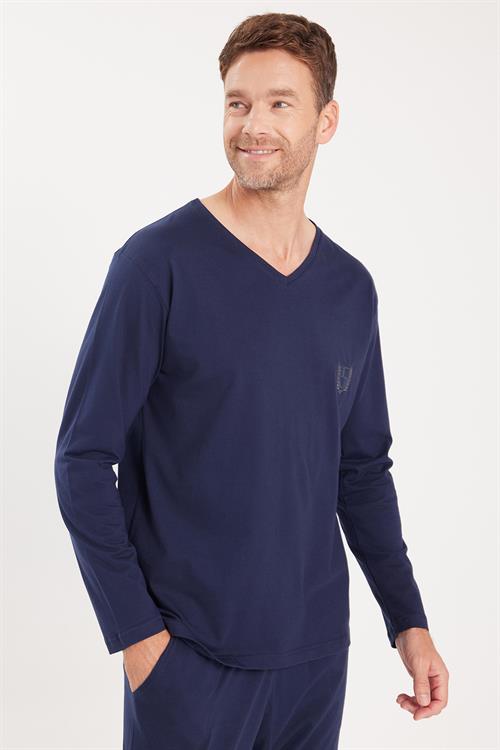 Erkek Standart Fit %100 Pamuk V Yaka Beli Lastikli Lacivert Pijama Takımı