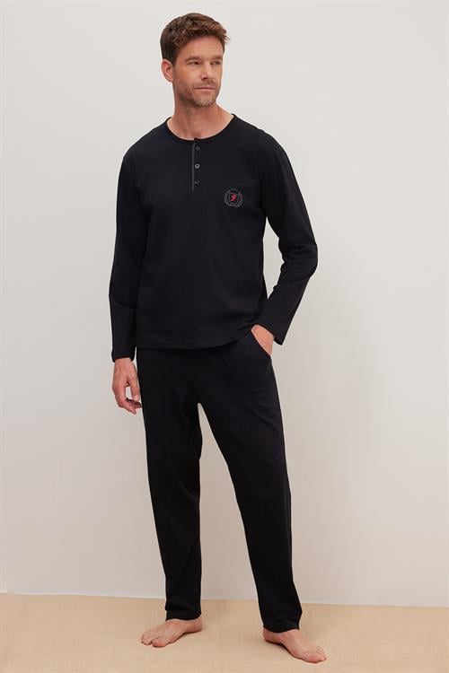 Erkek Standart Fit %100 Pamuk Bisiklet Yaka Beli Lastikli Siyah Pijama Takımı