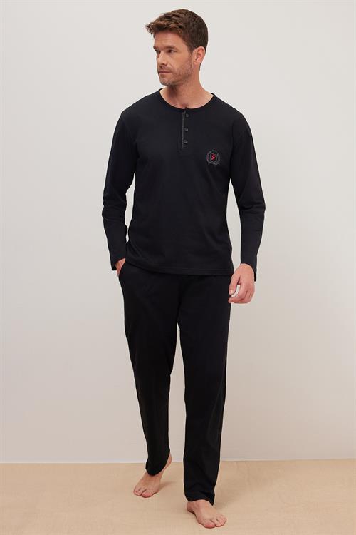 Erkek Standart Fit %100 Pamuk Bisiklet Yaka Beli Lastikli Siyah Pijama Takımı