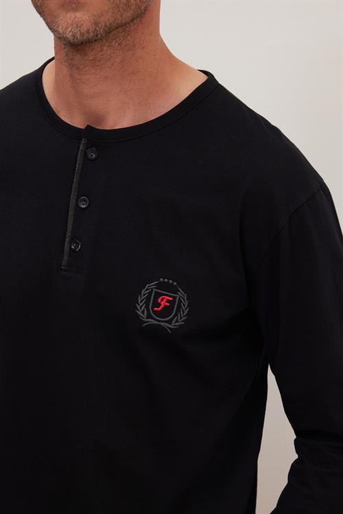 Erkek Standart Fit %100 Pamuk Bisiklet Yaka Beli Lastikli Siyah Pijama Takımı
