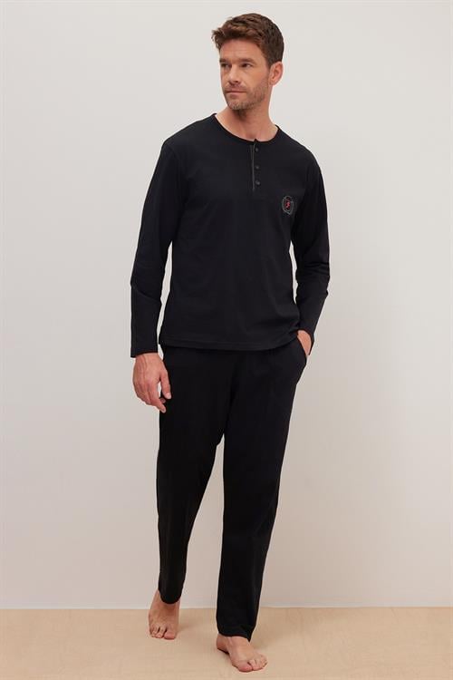 Erkek Standart Fit %100 Pamuk Bisiklet Yaka Beli Lastikli Siyah Pijama Takımı