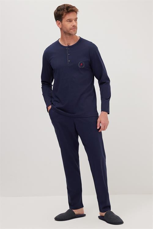 Erkek Standart Fit %100 Pamuk Bisiklet Yaka Beli Lastikli Lacivert Pijama Takımı