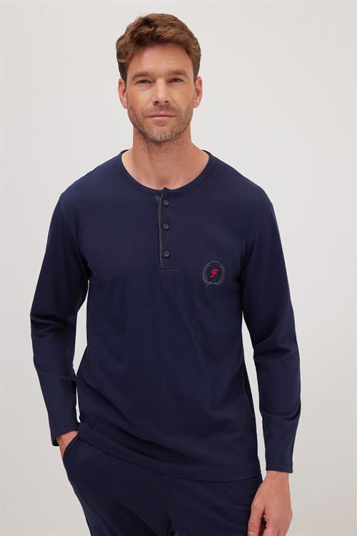 Erkek Standart Fit %100 Pamuk Bisiklet Yaka Beli Lastikli Lacivert Pijama Takımı