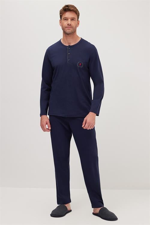 Erkek Standart Fit %100 Pamuk Bisiklet Yaka Beli Lastikli Lacivert Pijama Takımı